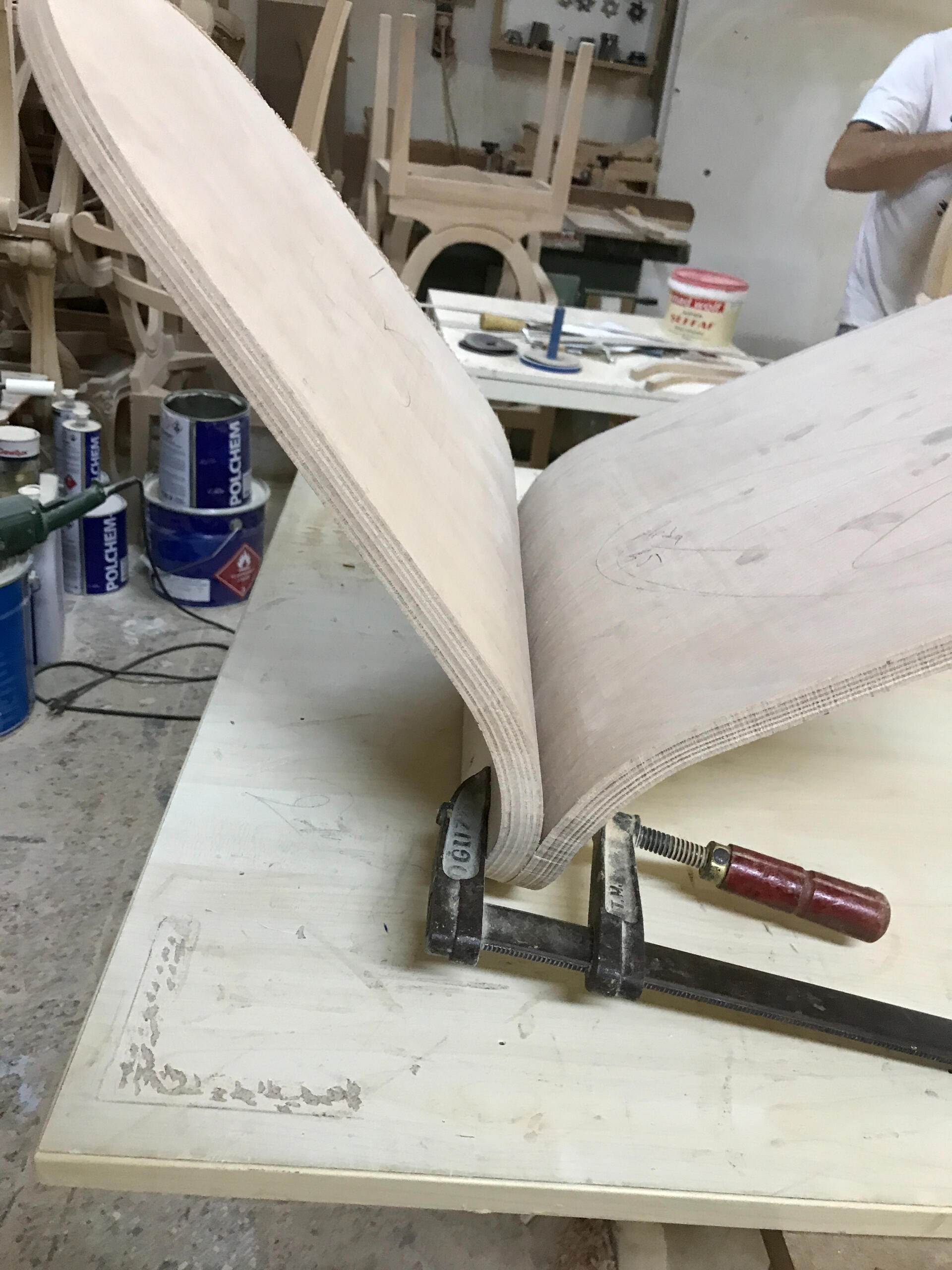 Bent ply chair making close up